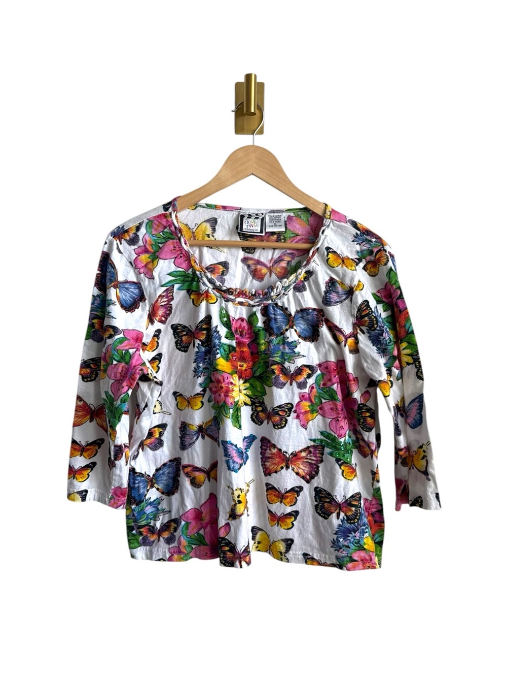 Vintage Take Two Butterfly Floral Sequin Y2K Top White Multicolor XL
